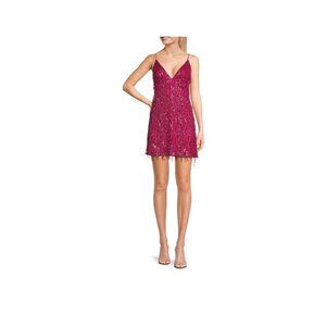 Hot Pink Spaghetti Strap V-Neck A-Line Fringe Sequin Dress
